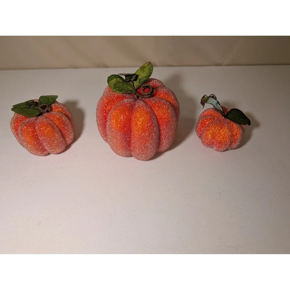 Set of 3 Glitter Foam Pumpkins Fall Thanksgiving Decor w/ Leaves in Original Box